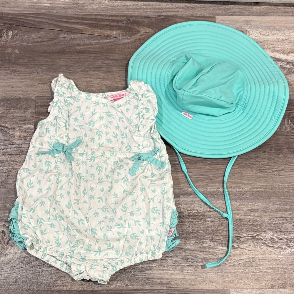 Ruffle Butts Aqua and White Bodysuit with Matching Hat